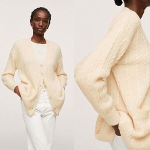 Mango Beige long Cable Knit Cardigan XS wool blend